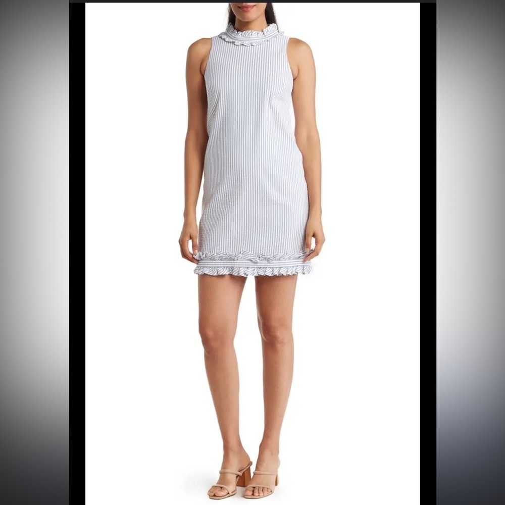Eliza J. Sleeveless Blue Stripe Seersucker Ruffle Nautical Mini Dress 4 Sheath